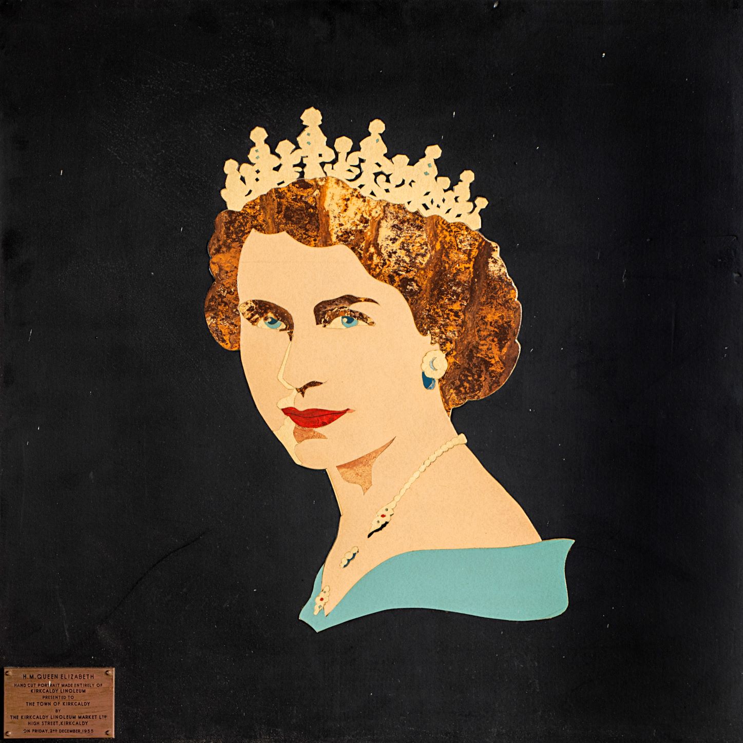 Bust-height portrait of young Queen Elizabeth II wearing a tiara and a blue dress. 