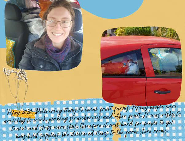 Collage with two photographs - a selfie of a young woman with a car full of bags. Second image shows the car filled with bags.