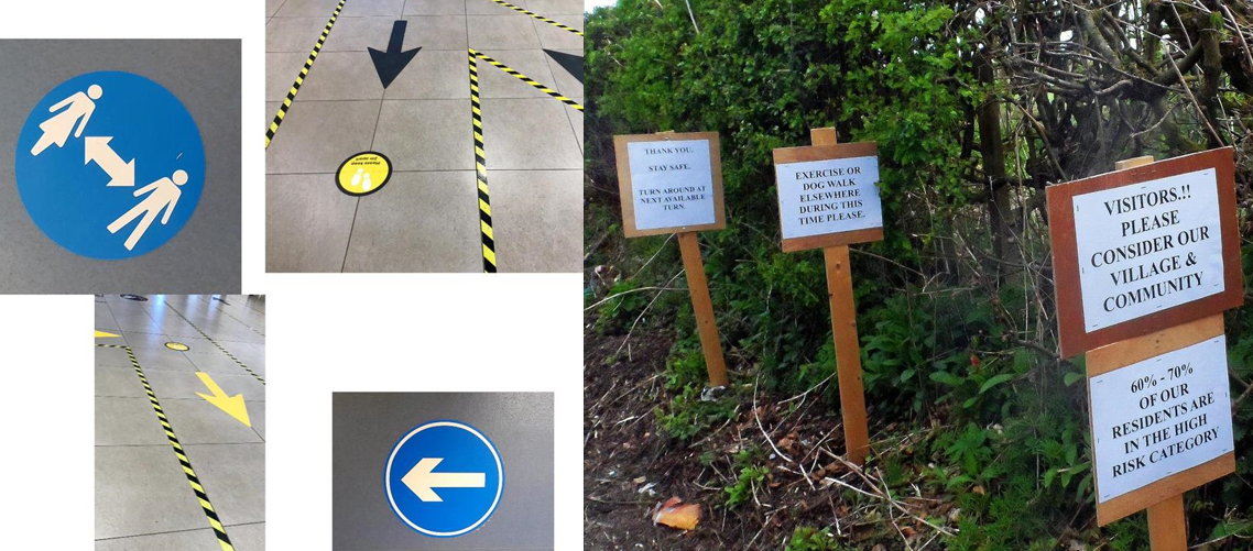 Photos of Covid-19 floor signs (for example, keep distance from others; one-way arrows and so on). The second photo shows signs made by residents of a small village, asking people not to congregate on the path as many of the locals are elderly. 