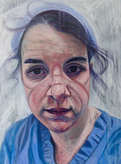 Painting of a young woman wearing scrubs. Her face is lined with red marks - from wearing the face covering. 