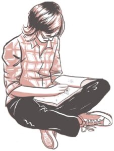 Julie Campbell illustrates Julie Campbell sitting cross legged sketching into her sketch book